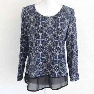 Christine Gerard Blue Black Kaleidoscope Patterned Long Sleeve Sweater Blouse